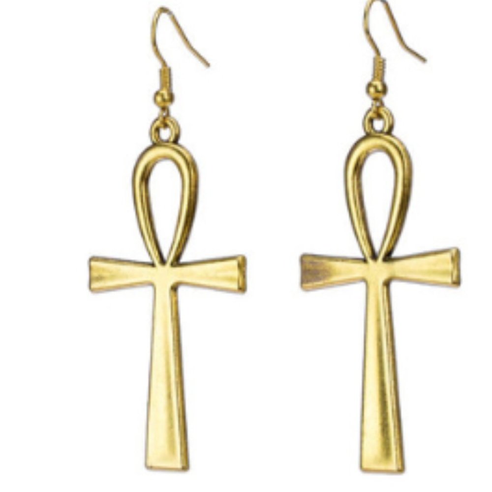 Cross Ankh Gold Large Statement Art Deco Earrings